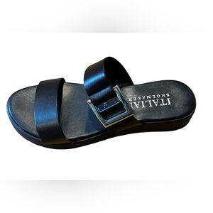 Italian Shoemakers Slip On Sandals, Black, Sz. 6, 2 Foot Straps, Silver Buckle